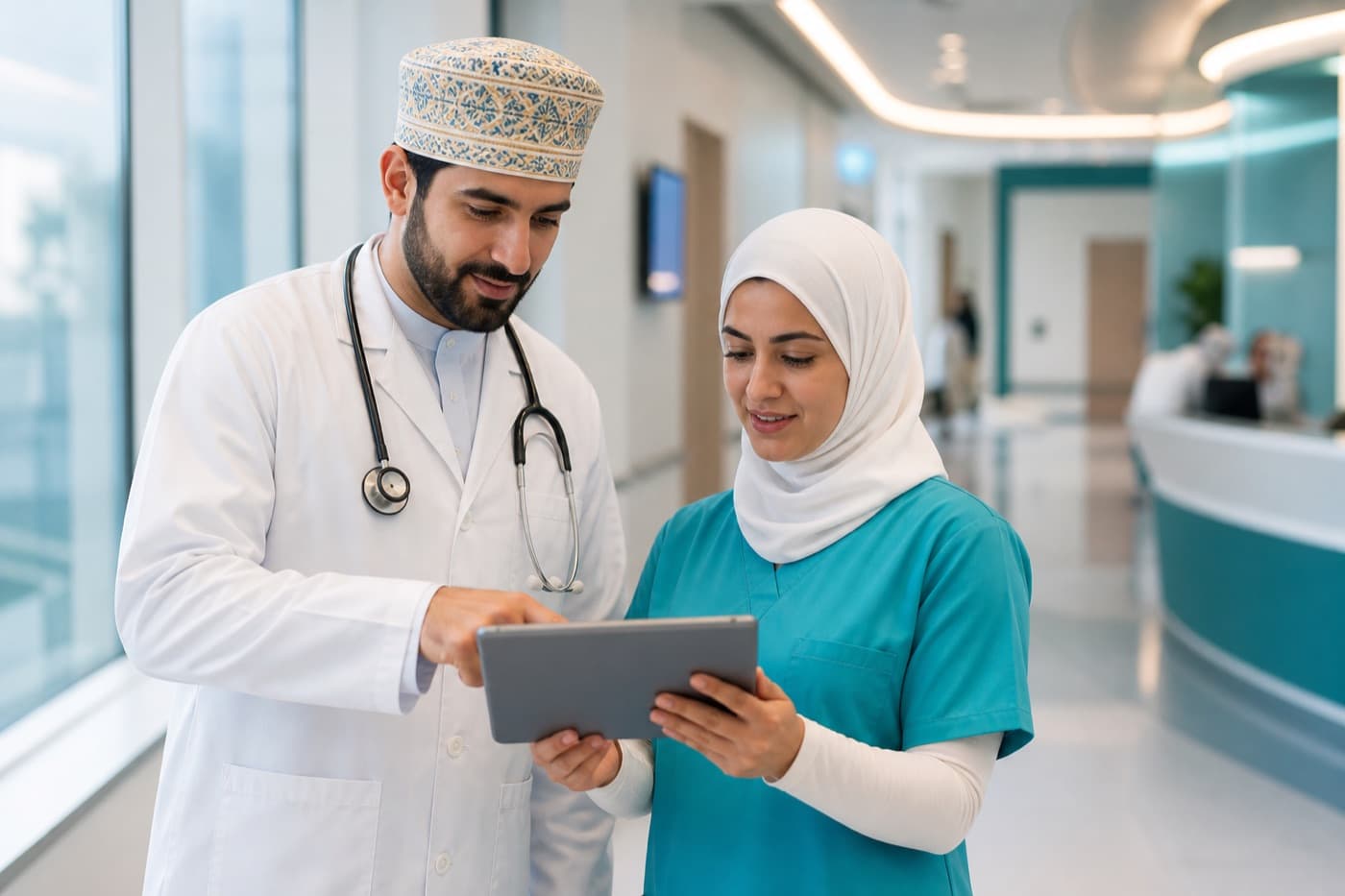 Clinical staff at International Hospital reviewing a patient chart